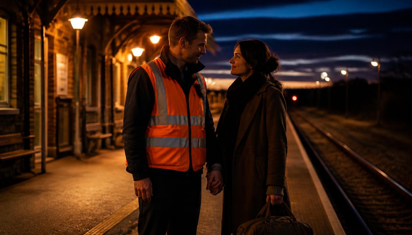 A couple meeting at a railway station at dusk, warm amber light against a deep navy sky