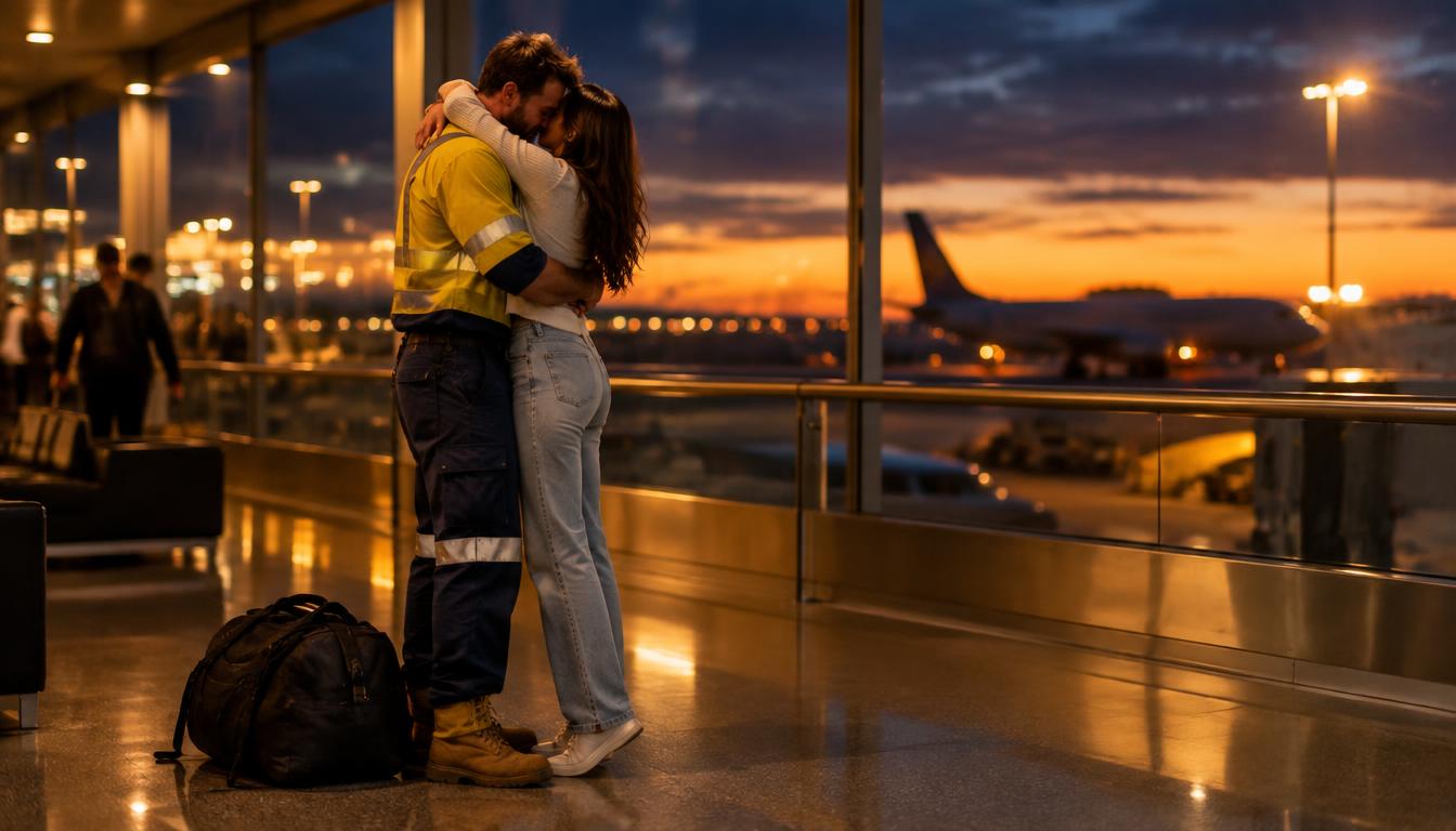 A couple embracing at an airport arrival gate, reunited after a long swing away