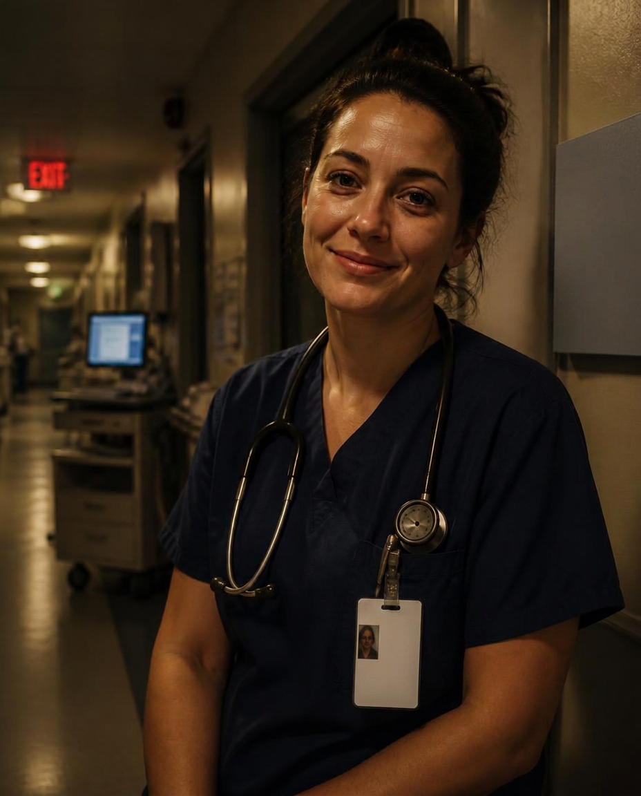 Nurse in navy scrubs with a stethoscope in a hospital corridor at night