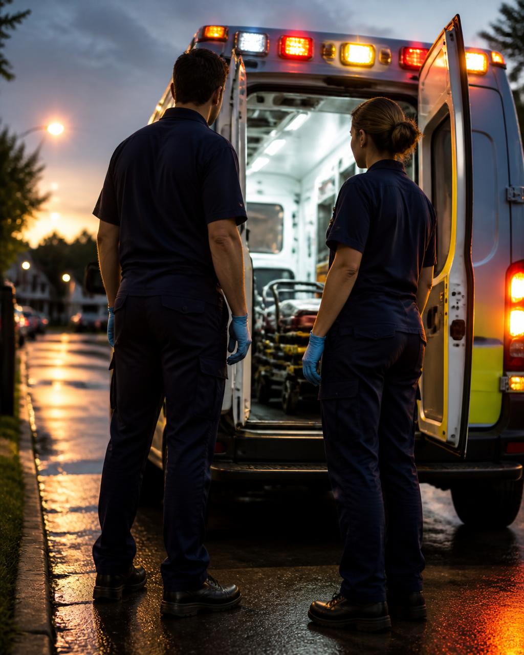 Two paramedics in navy uniforms at the open rear doors of an ambulance at dusk