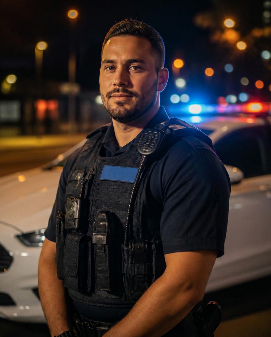 Police officer in uniform on a city street at night