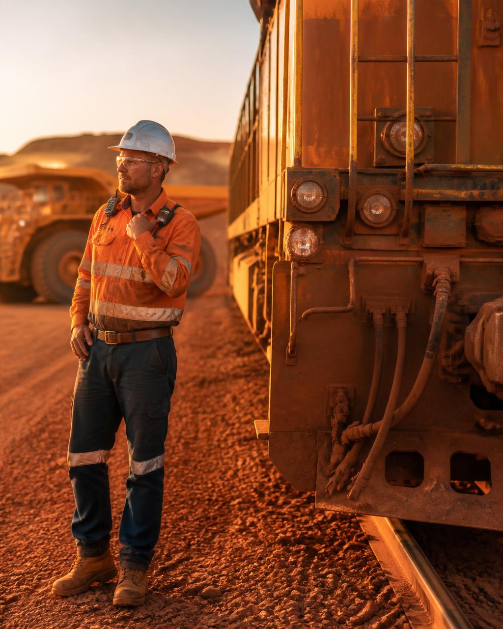 Rail worker in orange high visibility gear beside a freight locomotive and mine haul truck at sunrise in the Pilbara